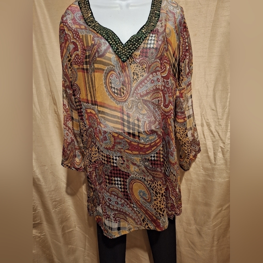 Ace Fashion boho paisley print tunic top Sz M euc
